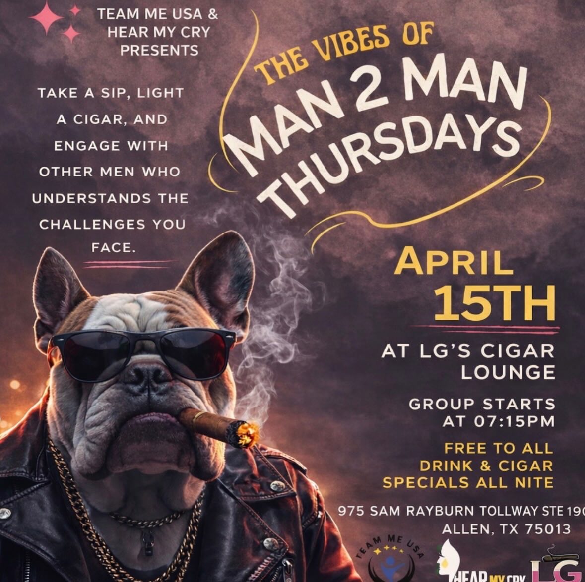 Man 2 Man is back at @lgs.cigarlounge with Team-Me USA and @hearmycryfoundation 

 🗓️ April 15th at 7:15pm.

Real talk. Real brothers. Real support. 

Pull up and be part of it.

#Man2Man #TeamMeUSA #HearMyCryFoundation
#Brotherhood #RealTalk